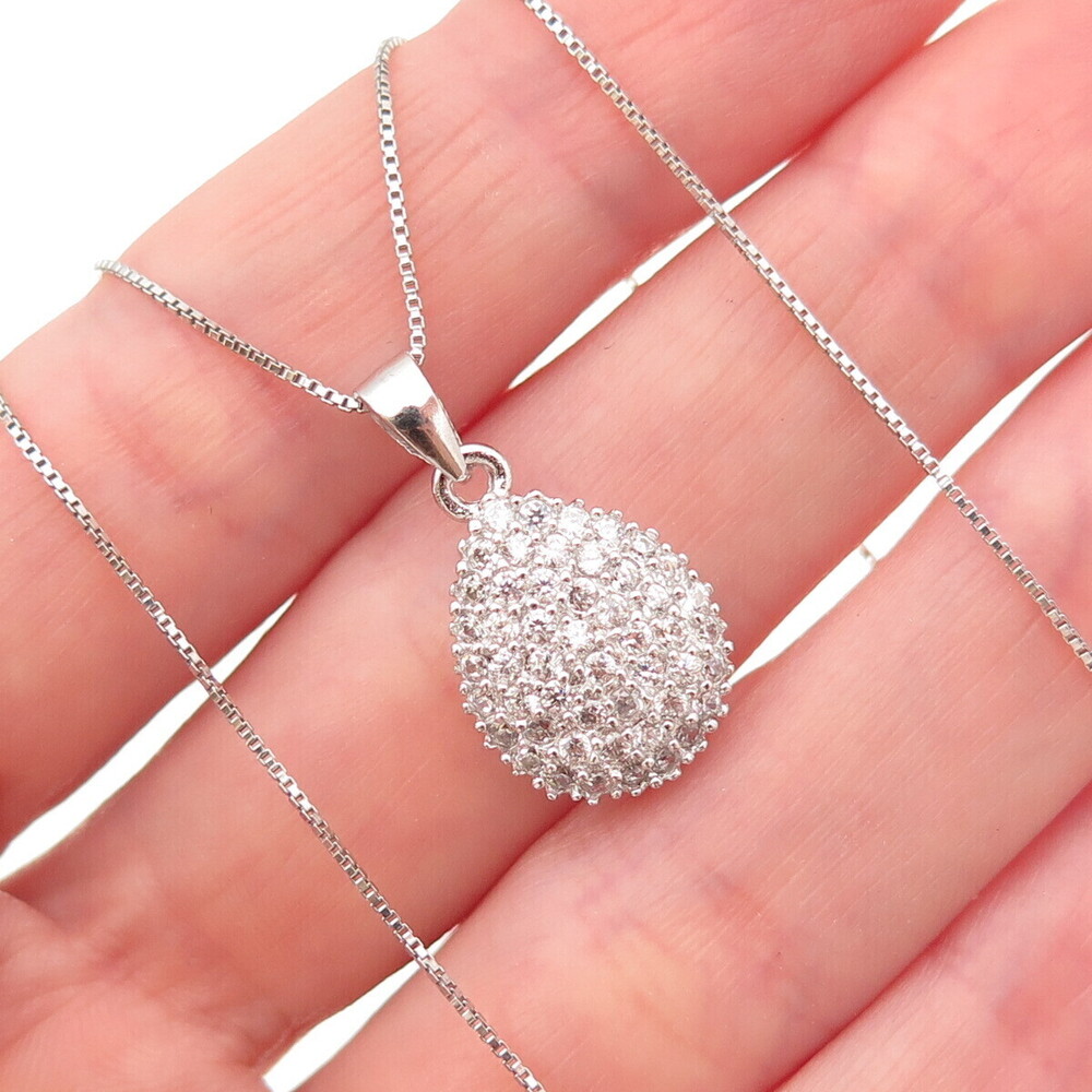 925 Sterling Silver Round-Cut C Z Teardrop Box Chain Necklace 18"